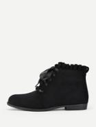 Romwe Lace Up Lettuce Trim Flat Boots
