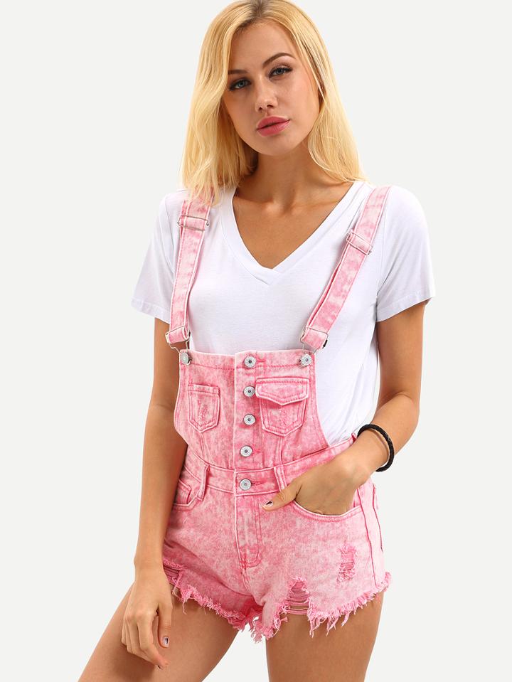 Romwe Buttoned Front Raw Hem Overall Pink Denim Shorts