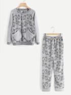 Romwe Bear Print Raglan Pullover & Pants Pj Set