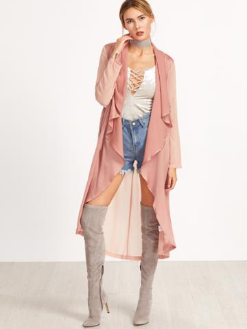 Romwe Pink Waterfall Collar Roll Sleeve Belted Duster Coat