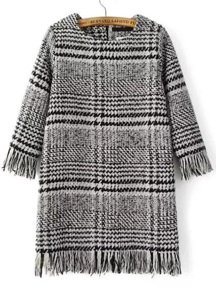 Romwe Black And White Houndstooth Fringe Detail Zipper Back Dress