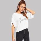 Romwe Letter Print Knot Sleeve Drop Shoulder Tee