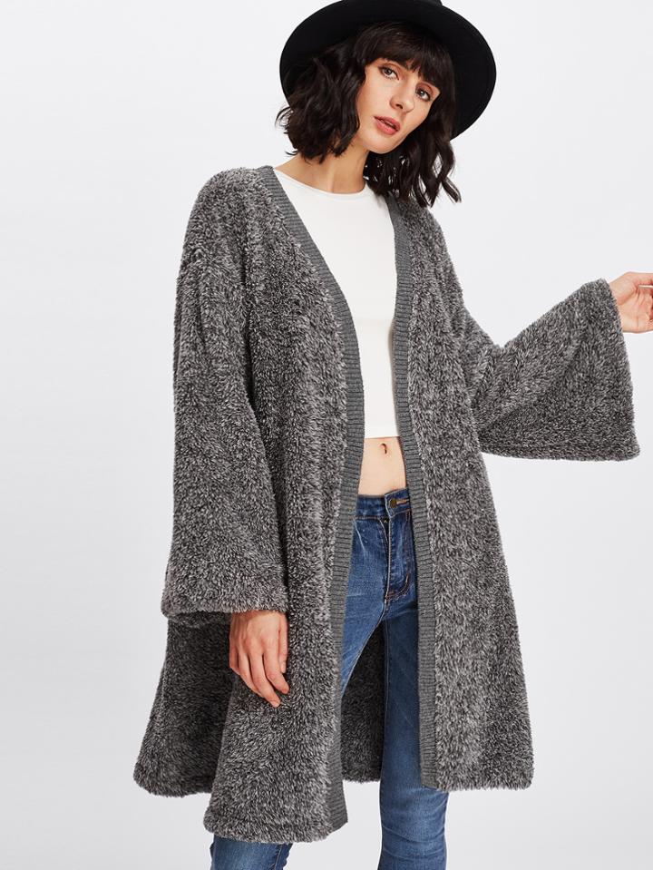 Romwe Bell Sleeve Faux Fur Coat