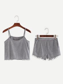 Romwe Pompom Trim Crop Cami Top With Shorts