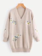 Romwe V Neckline Floral Embroidered Knit Sweater