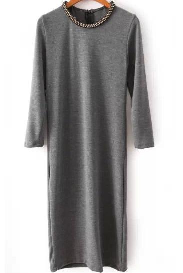 Romwe Grey Long Dress With Chain Collar
