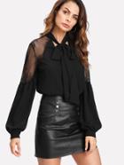 Romwe Tie Neck Lace Shoulder Lantern Sleeve Blouse
