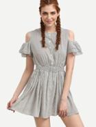 Romwe Grey Vertical Striped Belted Open Shoulder Dress