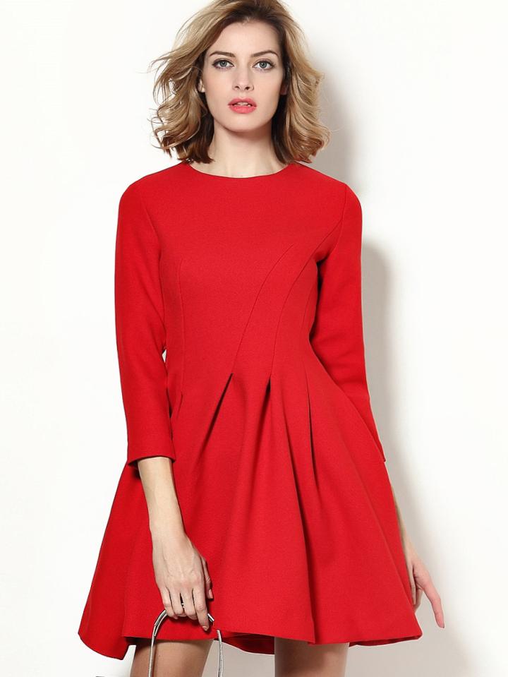 Romwe Red Round Neck Length Sleeve Dress