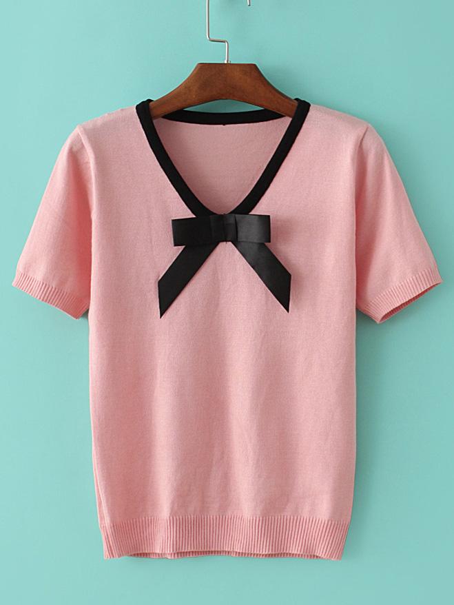 Romwe Pink V Neck Bow Embellished Knit T-shirt
