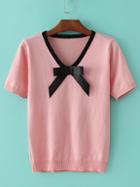 Romwe Pink V Neck Bow Embellished Knit T-shirt
