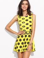 Romwe Yellow Flower Print Skater Dress
