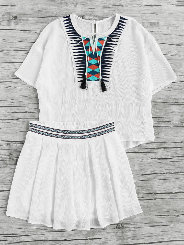 Romwe Geo Applique Tassel Tie Neck Top With Box Pleated Shorts