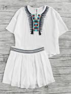 Romwe Geo Applique Tassel Tie Neck Top With Box Pleated Shorts