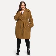 Romwe Plus Solid Notched Belt Coat