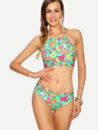 Romwe High Neck Flower Print Bikini Set - Green