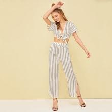 Romwe Striped Knot Hem Top With Split Pants
