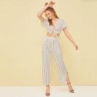 Romwe Striped Knot Hem Top With Split Pants