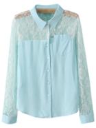 Romwe Blue Pocket Buttons Front Lace Splicing Backless Blouse