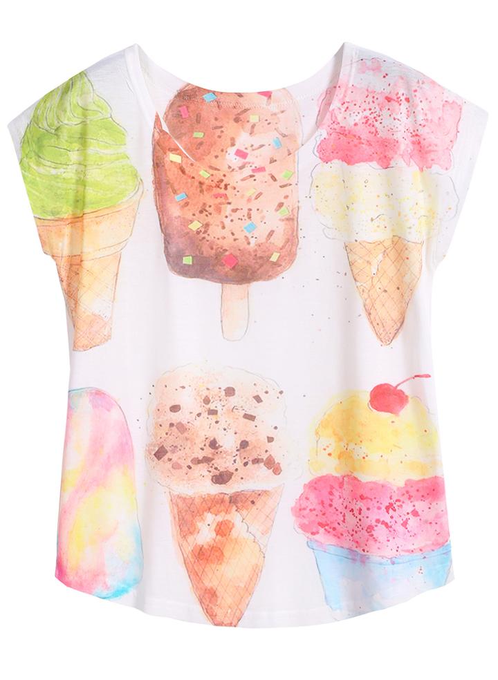 Romwe Ice Cream Print White T-shirt