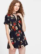 Romwe Florals Choker Plunge Eyelet Lace Up Romper