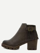 Romwe Khaki Faux Leather Distressed Buckle Strap Ankle Tassel Boots