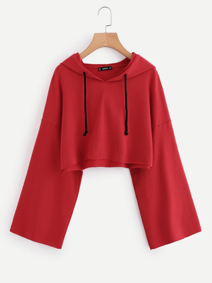 Romwe Wide Sleeve Raw Cut Hem Crop Hoodie