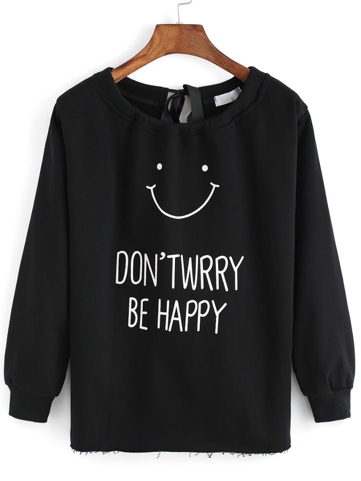 Romwe Letter Print Open Back Sweatshirt