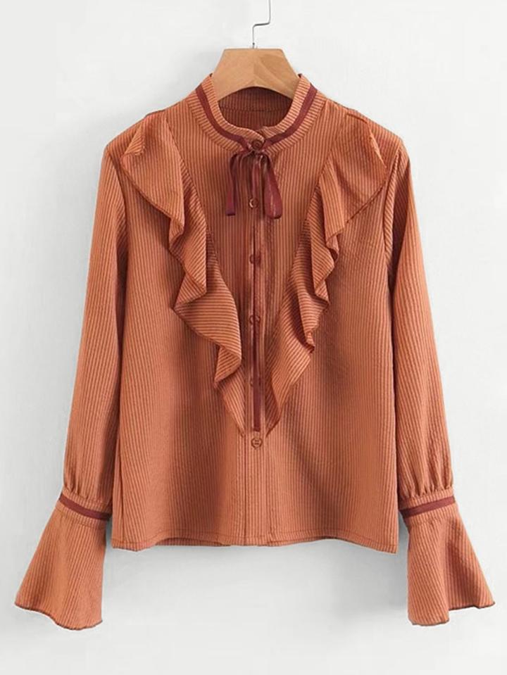 Romwe Tie Neck Flounce Detail Striped Blouse