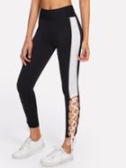 Romwe Contrast Panel Lace Up Leggings