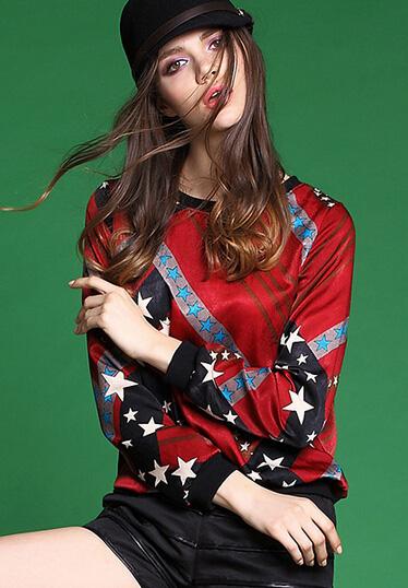 Romwe Stars Print Loose Red Sweatshirt