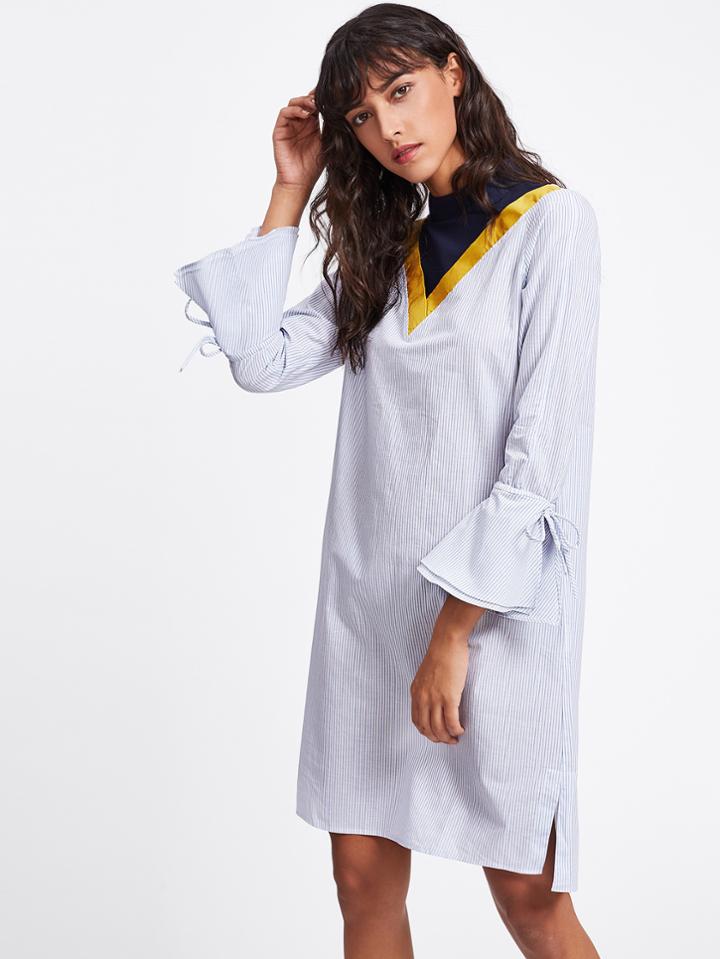 Romwe Cut And Sew Neck Bell Sleeve Pinstripe Shirt Dress