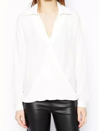 Romwe Lapel Dip Hem White Blouse