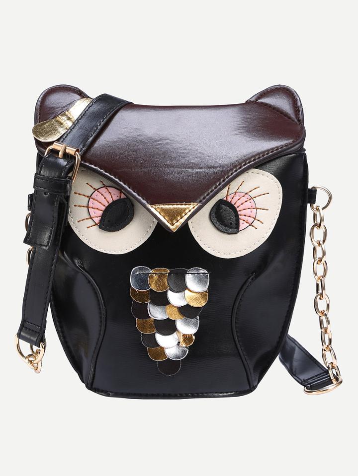 Romwe Faux Leather Owl Shoulder Bag - Black