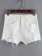 Romwe Frayed Ripped Denim White Shorts