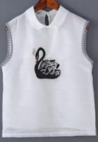 Romwe Lapel Swan Embroidered White Top