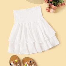 Romwe Solid Shirred Waist Layered Ruffle Skirt