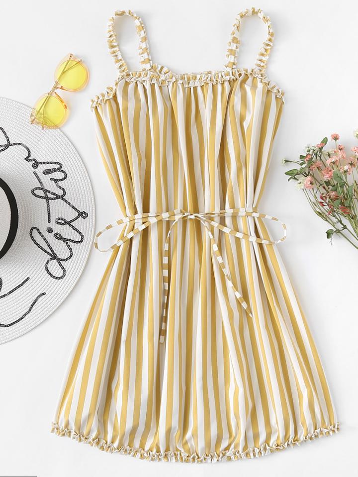 Romwe Frill Trim Self Tie Waist Striped Cami Dress