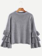 Romwe Grey Layered Ruffle Sleeve Pullover Sweater