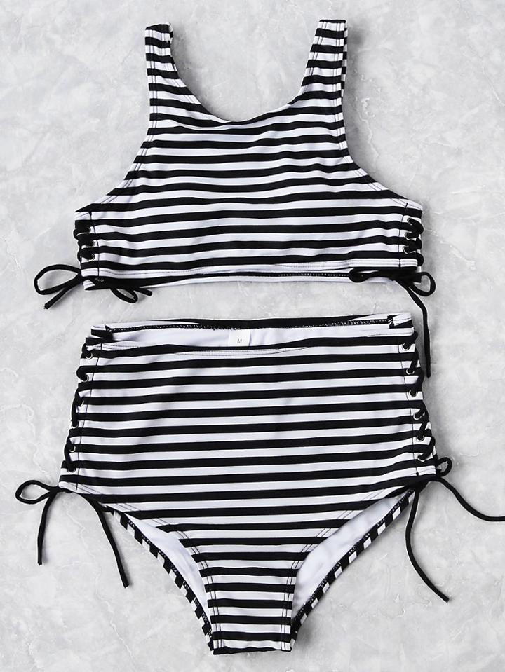Romwe Striped Print Side Lace Up High Waist Bikini Set