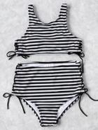 Romwe Striped Print Side Lace Up High Waist Bikini Set