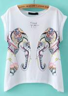 Romwe White Short Sleeve Elephant Print Loose T-shirt