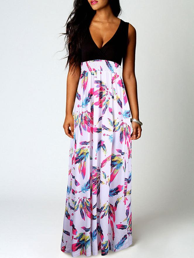 Romwe Deep Plunge Neck Feathers Print Maxi Dress