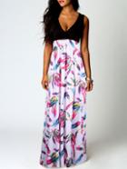 Romwe Deep Plunge Neck Feathers Print Maxi Dress
