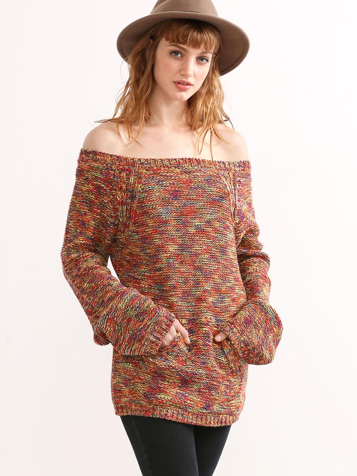 Romwe Multicolor Marled Knit Off The Shoulder Sweater