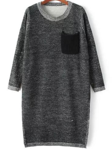 Romwe Long Sleeve Split Side Black Sweater Dress With Pocket