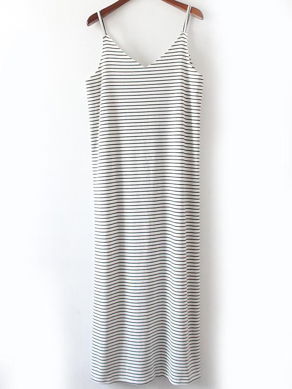 Romwe White Striped Double V Neck Cami Dress