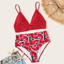 Romwe Watermelon Print Plunge Neck Top With High Waist Bikini