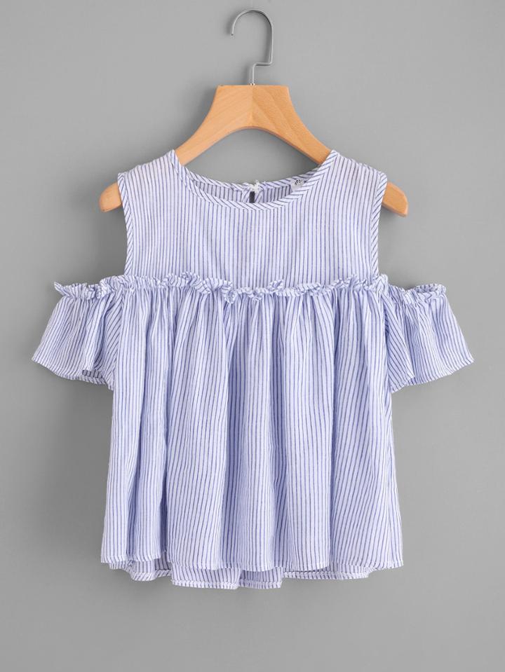 Romwe Vertical Striped Open Shoulder Frill Top