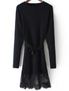 Romwe Lace Insert Black Jersey Dress With Belt